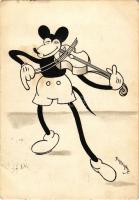 1940 Mickey egér játszik a hegedűn. Klösz korai Disney képeslap. Hátoldalon Izsák József rt. vegyészetigyár reklám / Mickey Mouse playing on the violin. Early Hungarian Disney postcard s: Bisztriczky + "PÓCSMEGYER POSTA ÜGYN." (fl)