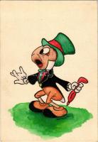 Tücsök Tihamér - Pinokkió. Saját kézzel rajzolt művészlap / Jiminy Cricket - Pinocchio. Hungarian hand-drawn Disney art postcard s: Lőrinczy László "Cincicolor"