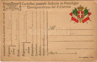 Cartolina postale Italiana in franchigia. Corrispondenza del R. Esercito / WWI Italian military field postcard with coat of arms and flag (fa)