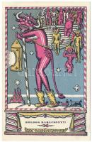 Boldog Karácsonyt! Krampusz. Nyomtatta és kiadja Kner Izidor, Gyoma / Hungarian Christmas art postcard with Krampus s: Kozma (EK)