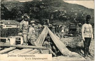 1909 Cs. és kir. távirati ezred vezeték nélküli távíró állomása katonákkal / Drahtlose Telegraphenstation. K.u.K. Telegraphenregiment / Austro-Hungarian Telegraphy Regiment, wireless telegraphy station with soldiers (ázott / wet damage)