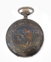 NIellós ezüst (Ag) tokos zsebóra vadász jelenettel, nem működik d: 54 mm