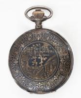 NIellós ezüst (Ag) tokos zsebóra vadász jelenettel, nem működik d: 54 mm