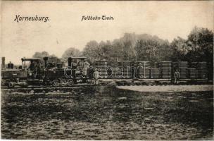 1917 Korneuburg, Feldbahn-Train / Cs. és kir. vasúti és távirati ezred tábori vasútja gőzmozdonnyal / Austro-Hungarian Railway and Telegraphy Regiment, field railway with locomotive. Verlag Josef Popper 1916. (Rb)