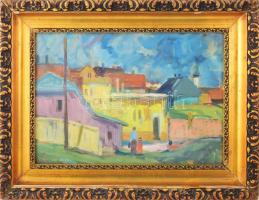 Olvashatatlan jelzéssel: Anya gyermekével (Szentendre?), 1960. Olaj, karton. Dekoratív, üvegezett, kissé sérült fakeretben. 31×43 cm