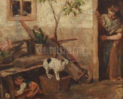 Vajda Zsigmond (1860-1931): Kisgyerek és cica az udvaron. Olaj, fatábla, jelzett. Dekoratív, kissé s...