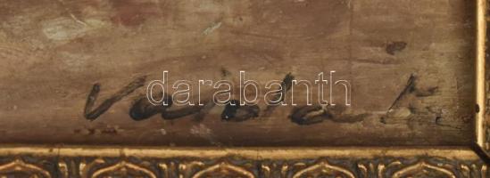 Vajda Zsigmond (1860-1931): Kisgyerek és cica az udvaron. Olaj, fatábla, jelzett. Dekoratív, kissé s...