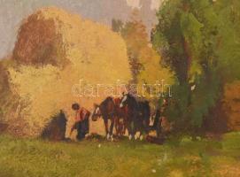 Hárencz János (1899-1969): Lovasszekér. Olaj, karton, jelzett. Dekoratív, sérült fakeretben, 11×14,5...