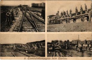 9. Eisenbahnkompagnie beim Oberbau / Cs. és kir. vasúti ezred vasút építés közben, mozdony, vonat / Austro-Hungarian Railroad Regiment, railway construction, locomotive, train. P. Ledermann 19771-1916. (fl)