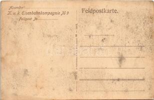 9. Eisenbahnkompagnie beim Oberbau / Cs. és kir. vasúti ezred vasút építés közben, mozdony, vonat / ...