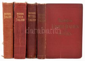 4 db Baedeker útikönyv (Olaszország): Karl Baedeker: Mittelitalien und Rom.; Oberitalien mit Ravenna, Florenz und Pisa.; Italien von den Alpen bis Neapel.; Unteritalien, Sizilien. Sardinien, Malta, Tripolis, Korfu. Hanbuch für Reisende. Leipzig, 1927-1936, Karl Baedeker. Számos térképpel illusztrálva. Német nyelven. Kiadói aranyozott egészvászon-kötés, vegyes állapotban, a gerinceken sérülésekkel.