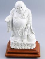 Herendi nevető Buddha. Jelzett, mázas fehér porcelán, kis kopással, fa talapzaton, teljes m: 33,5 cm