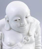 Herendi nevető Buddha. Jelzett, mázas fehér porcelán, kis kopással, fa talapzaton, teljes m: 33,5 cm