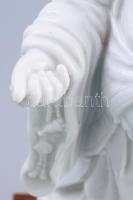 Herendi nevető Buddha. Jelzett, mázas fehér porcelán, kis kopással, fa talapzaton, teljes m: 33,5 cm