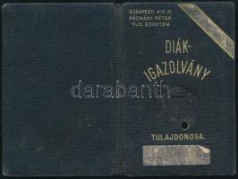 1941 Pázmány Péter Tudományegyetem diákigazolványa, fotó nélkül