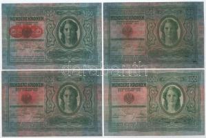 1912. 100K (4xklf) az egyik bélyegzés nélkül, a többi piros "MAGYARORSZÁG", piros "DE...