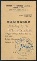 1954 Tagsági igazolvány Ortutay Gyula (1910-1978) miniszter, néprajztudós részére, a Magyar Tudományos Akadémia Tudós Klubjába