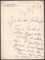 1939 Benedek László (1887-1945) ideggyógyász, egyetemi tanár, a Magyar Pszichológiai Társaság elnökének autográf levele és aláírása, egy beírt oldal, fejléces papíron.