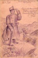 1915 Ein einsamer Posten an der Drina / Első világháborús kézzel rajzolt Tábori Postai Levelezőlap / WWI hand-drawn field postcard with soldier + K.u.k. INFANTERIE REGT von HINDENBURG Nr. 69. 3. FELDBATAILLON (fl)