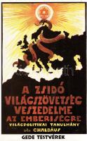 [Kováts Árpád] Chaldeus Simon: A zsidó világszövetség veszedelme az emberiségre. Világpolitikai tanulmány. [Hasonmás kiadás.] Budapest, 2000. Gede Testvérek Bt. 239 + [5] p. Az eredeti, 1934. évi kiadás szerepel az Ideiglenes Nemzeti Kormány által 1945-ben kiadott, tiltott könyvek listáján. Tartalma: Előszó -- A faj és nemzet súlya az államban -- A világuralmi törekvések -- A zsidóság törvényei, vallásának keletkezése és fejlődése -- A zsidó világszövetség fejlődése a legújabb korban -- Táblázatos áttekintés a zsidó világszövetség keletkezéséről és kifejlődéséről -- A zsidó világszövetség titkos ülése a XIX. század közepén -- A zsidó világszövetség aknamunkája -- Beszivárgás -- Az arany megszerzése -- A zsidó világszövetség képe és az eljövendő világ rendje -- Áttekintés a zsidó világszövetség titkos munkájának rendszeréről és fokozatos végrehajtásáról az 1. korszaktól a 6. korszakig -- Védekezés a zsidó világszövetség veszedelme ellen -- Áttekintés a keresztény világrend megvédésére alakítandó keresztény világszövetség tervezett szervezetéről -- Zárszó -- Források. Fűzve, színes, illusztrált kiadói borítóban, szép példány.