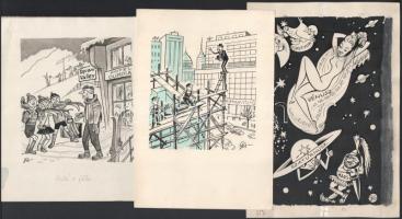 Szegő Gizi (1902-1985): össz. 10 db karikatúra. Vegyes technika, papír, mindegyik jelzett és egy kiv...