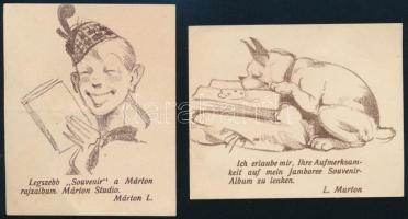 2 db Márton Lajos grafikáival illusztrált reklámlap, az egyik hátoldalán 1933-as gödöllői feljegyzéssel, 9,5x7,5 cm