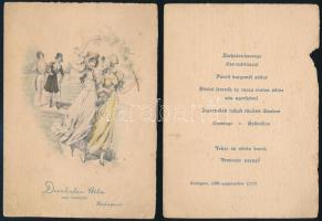 1899 Bp., Drechsler Béla nagy vendéglője (Drechsler-palota, Andrássy út 25.), Garba Minus úrhölgy Tihanyi Rezső úrral való egybekelése alkalmából rendezett díszlakoma étrendje, illusztrált menükártya, kissé sérült, foltos, két részre vált, 15,5x11 cm