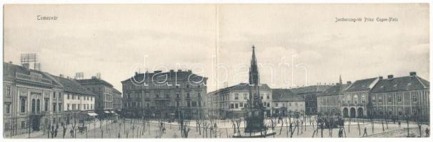 1915 Temesvár, Timisoara; Jenő herceg tér, Rukavina emlékmű (Szégyenszobor), villamos, takarékpénztár, üzletek. 2-részes kihajtható panorámalap / Prinz Eugen-Platz / square, monument, tram, savings bank, shops. 2-tiled folding panoramacard (fl)