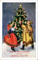 1939 Herzliche Weihnachtsgrüsse und ein glückliches Neues Jahr / Christmas and New Year greeting art postcard, Hungarian folklore. R.J.E. 4256. (EB)