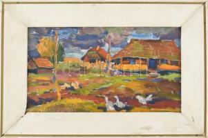 Olvashatatlan jelzéssel, feltehetően szovjet festő: Faluvége, 1988. Olaj, karton, fakeretben. 17×30 cm