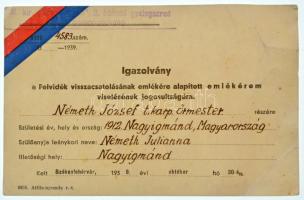 1938-1939. "Felvidéki Emlékérem" bronz kitüntetés mellszalagon, névre szóló, kitöltött vis...