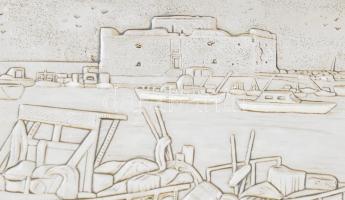 Ezüst (Ag) dombor dísz. a Pafoszi kikötő, jelzett, fa alapon. 18x13 cm