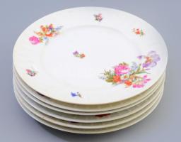 6 db Hüttl Tivadar porcelán tányér készlet. Matricás, jelzett, három darabon hajszálrepedésekkel d: 25 cm