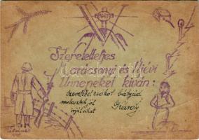 1942 Szeretetteljes Karácsonyi és Újévi Ünnepeket. Kézzel rajzolt Tábori Postai Levelezőlap, katona, művész aláírásával / WWII Hungarian hand-drawn field postcard, Christmas and New Year greeting soldier, artis signed (fl)