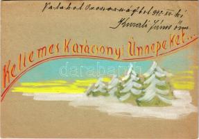 1942 Kellemes Karácsony ünnepeket. Kézzel rajzolt Tábori Postai Levelezőlap / WWII Hungarian hand-drawn field postcard, Christmas greeting