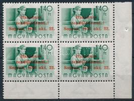 1956 Soproni felülnyomás - Munka 1,40Ft ívsarki négyestömb (280.000) / corner block of 4. Certificate: Leitold