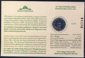 2005. 10Ft "József Attila" sorszámozott emléklapon T:1 Csak 12.000db!