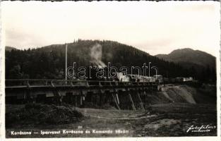 Kovászna, Covasna; faszállító iparvasút Kovászna és Komandó között, gőzmozdony, vonat, vasúti híd, vasutasok / industrial railway, timber transport between Covasna and Comandau, locomotive, train, railway bridge, railwaymen