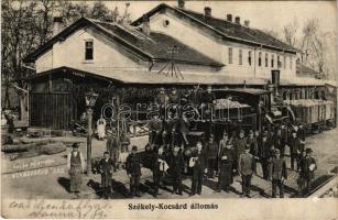 Székelykocsárd, Kocsárd, Lunca Muresului; vasútállomás, vasutasok, gőzmozdony, vonat. Adler fényirda, Szászváros 1910. / railway station, railwaymen, locomotive, train