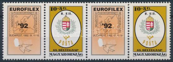 1992 Eurofilex 10+5Ft négyescsík, az egyik bélyegen hiányzik az M betű teteje tévnyomattal / Mi 4210 with plate variety