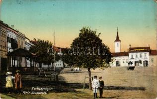 1915 Szászrégen, Sächsisch-Regen, Reghin; Fő tér, Takarékpénztár. W. Schebesch kiadása / Hauptplatz ...