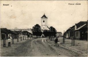 1914 Szepsi, Abaújszepsi, Moldava nad Bodvou; Fő utca, Római katolikus templom, üzletek. Davidovics Emil kiadása / main street, Catholic church, shops (fl)