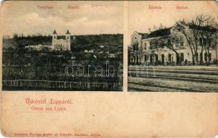 Lippa, Lipova; vasútállomás, templom. Krivány György kiadása / Kirche, Station / railway station, church (EM)