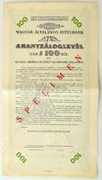 Budapest ~1930. "Magyar Általános Hitelbank" 7 1/2%-os aranyzáloglevele 100$-ról, "SPECIMEN" bélyegzéssel, lyukasztásokkal érvénytelenítve, szelvényekkel, szárazpecséttel, dátum és aláírások nélkül T:AU / Hungary / Budapest ~1930. "Hungarian General Credit Bank" gold bond about 100 Dollars with "SPECIMEN" overprint, cancelled by holes, with coupons, embossed stamp , without date and signatures C:AU