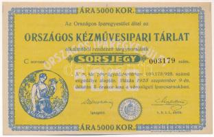 1925. "Országos Kézművesipari Tárlat" sorsjegy 5000K értékben, "C 003179" sorszámmal T:XF,VF /  Hungary / Budapest 1925. "Országos Kézművesipari Tárlat (National Craft industry Exhibition)" lottery ticket about 5000 Korona, with "C 003179" serial number C:XF,VF