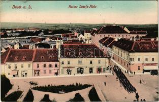 1916 Lajtabruck, Bruck an der Leitha; Kaiser Josefs-Platz / Ferenc József tér, Josef Zimmer, Carl Ibel üzlete, katonák. Marie Huber kiadása / square, shops, K.u.K. soldiers (EK)