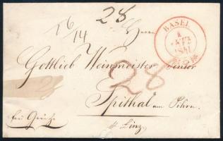 1841 Portós levél piros "BASEL" bélyegzéssel Ausztriába / Unpaid cover with red "BASEL" postmark to Austria