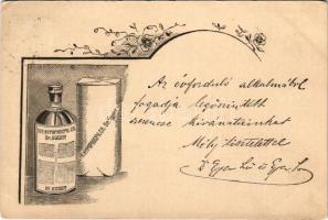 1900 Syr. Hypophosphit. Co. / Dr. Egger Leó és Egger Izidor gyógyszerészek köhögés elleni szirupjának reklámja. Dr. Roszner Aladár orvos úrnak címezve. Budapest VI. Váci körút 17. (Bajcsy-Zsilinszky út) / Hungarian pharmacists' cough syrup advertisement. Art Nouveau, floral (EK)