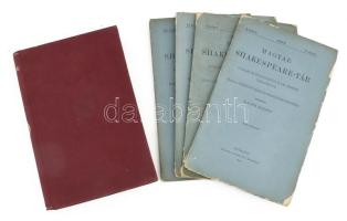 Magyar Shakespeare-tár I. kötet 3., 4. füzet, II. köt. 2-3. füzet + IX. kötet. Bp., 1908- 1916., Franklin - Klilán Frigyes. Kiadói papírkötések, sérült borítókkal, valamint kiadói aranyozott egészvászon-kötés.