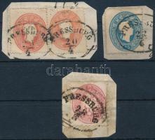 1861-1864 2x5kr, 15kr + 5kr kivágáson, ovális &quot;PRESSBURG&quot; bélyegzéssel, lemezhibákkal, változatokkal